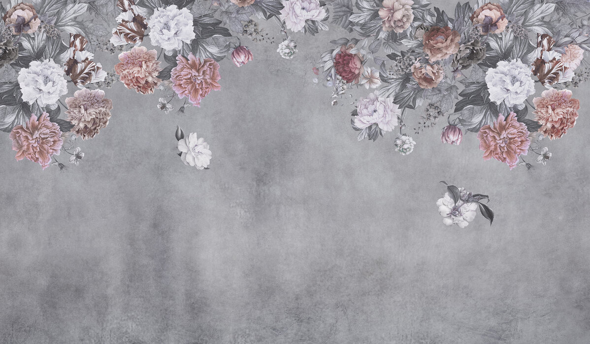 vintage-flower-wall-grey Fototapet Perete cu Flori Vintage - Gri - imagine 1