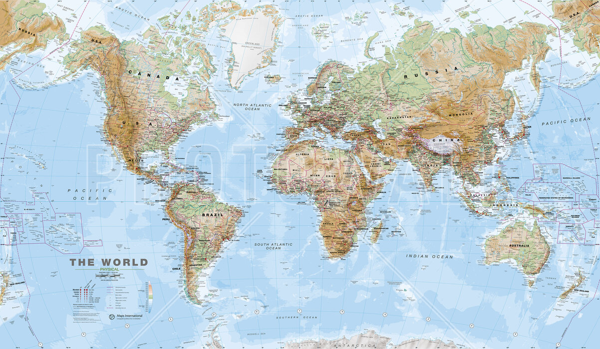world-map-physical Fototapet Hartă fizică a lumii - imagine 1