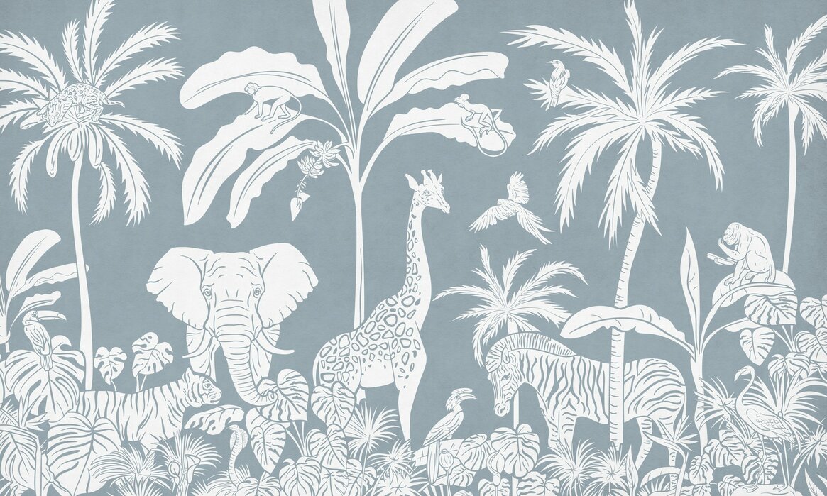 monochrome-jungle-blue Fototapet Junglă monocromă - Albastru - imagine 1